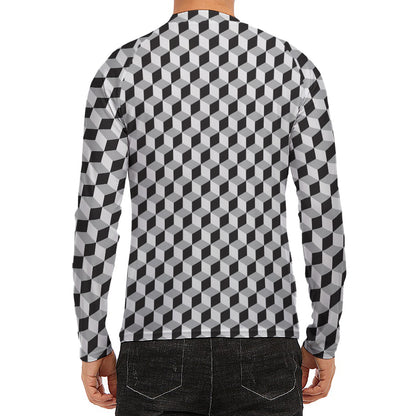Grey Geometric Cube Shape Pattern Print Men's Long Sleeve Rash Guard