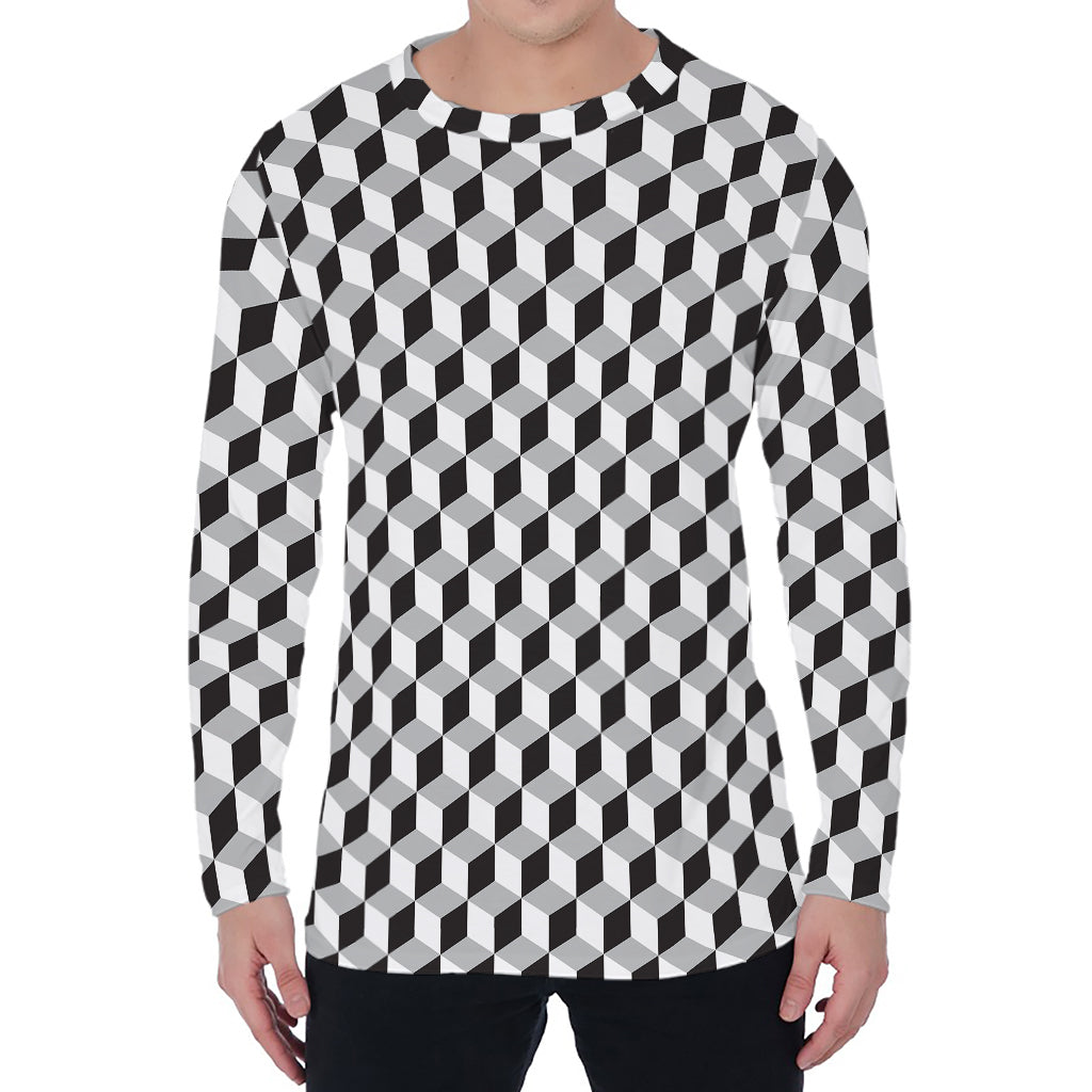 Grey Geometric Cube Shape Pattern Print Men's Long Sleeve T-Shirt