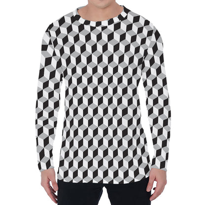 Grey Geometric Cube Shape Pattern Print Men's Long Sleeve T-Shirt