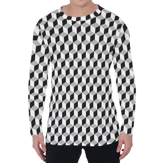 Grey Geometric Cube Shape Pattern Print Men's Long Sleeve T-Shirt