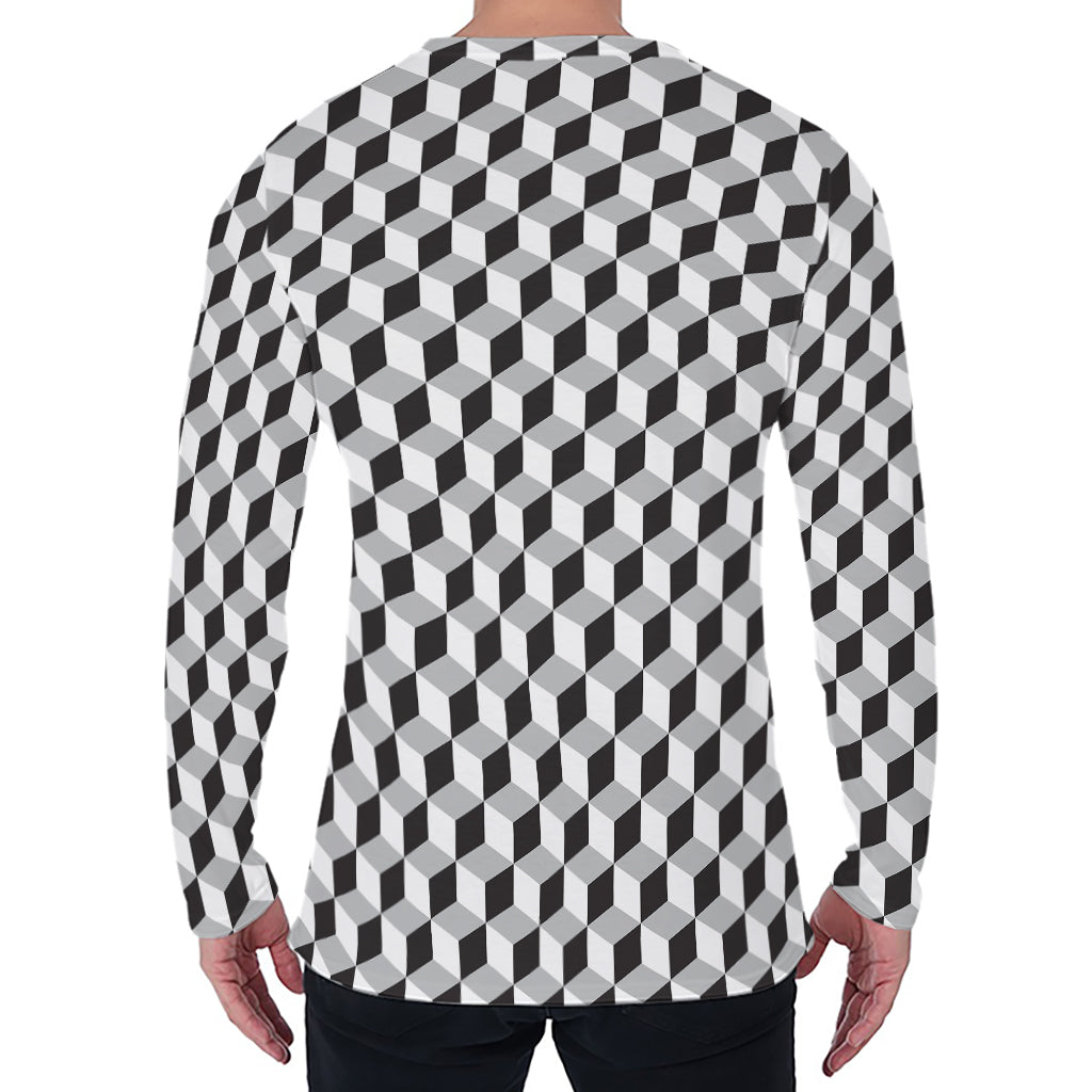 Grey Geometric Cube Shape Pattern Print Men's Long Sleeve T-Shirt