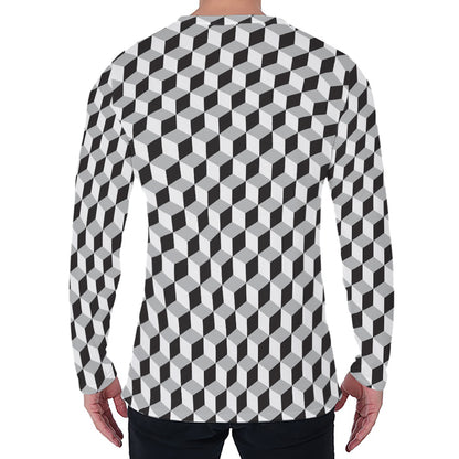 Grey Geometric Cube Shape Pattern Print Men's Long Sleeve T-Shirt
