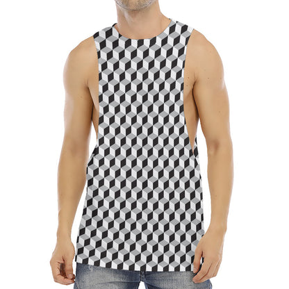 Grey Geometric Cube Shape Pattern Print Men's Muscle Tank Top