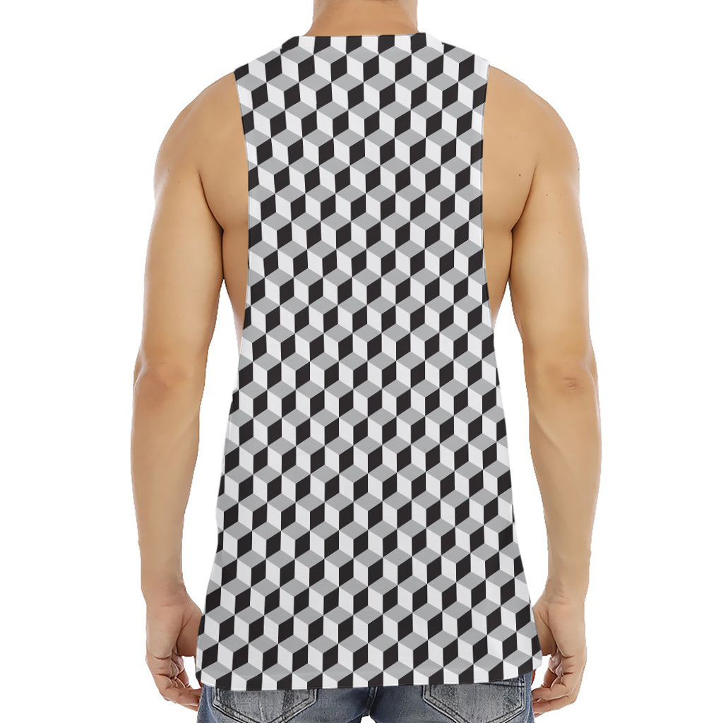 Grey Geometric Cube Shape Pattern Print Men's Muscle Tank Top