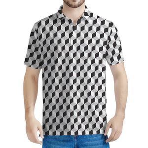 Grey Geometric Cube Shape Pattern Print Men's Polo Shirt