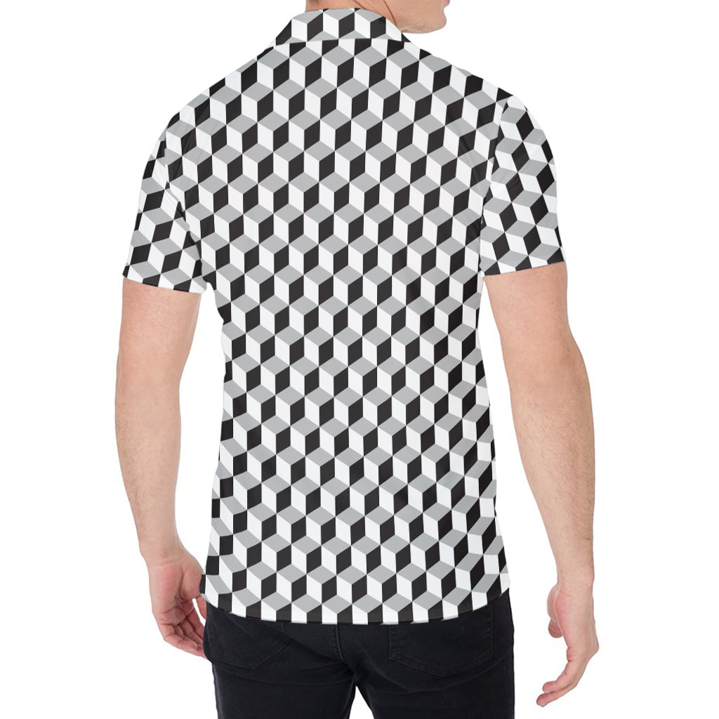 Grey Geometric Cube Shape Pattern Print Men's Shirt