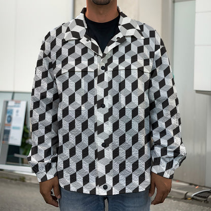 Grey Geometric Cube Shape Pattern Print Men's Shirt Jacket