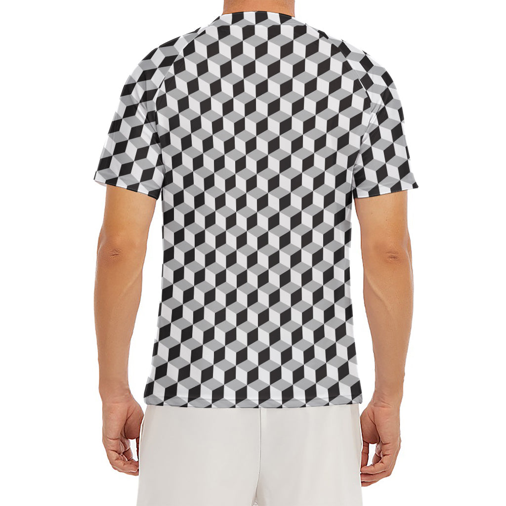 Grey Geometric Cube Shape Pattern Print Men's Short Sleeve Rash Guard