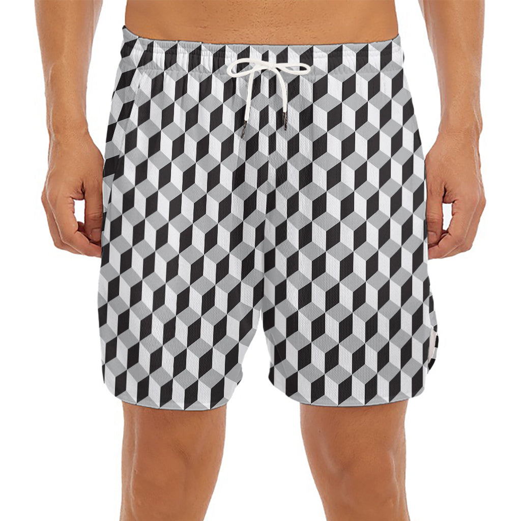 Grey Geometric Cube Shape Pattern Print Men's Split Running Shorts