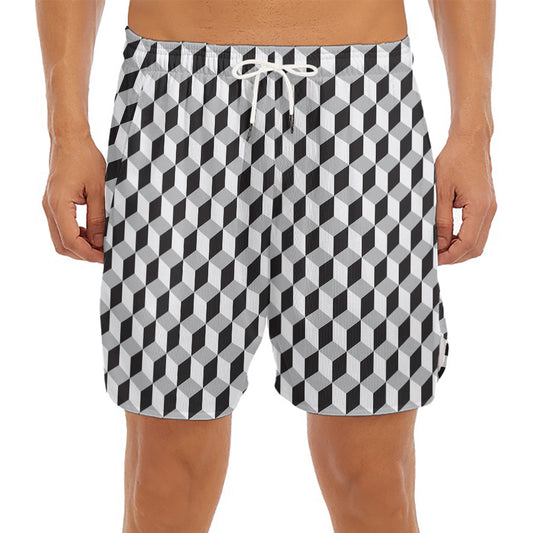 Grey Geometric Cube Shape Pattern Print Men's Split Running Shorts