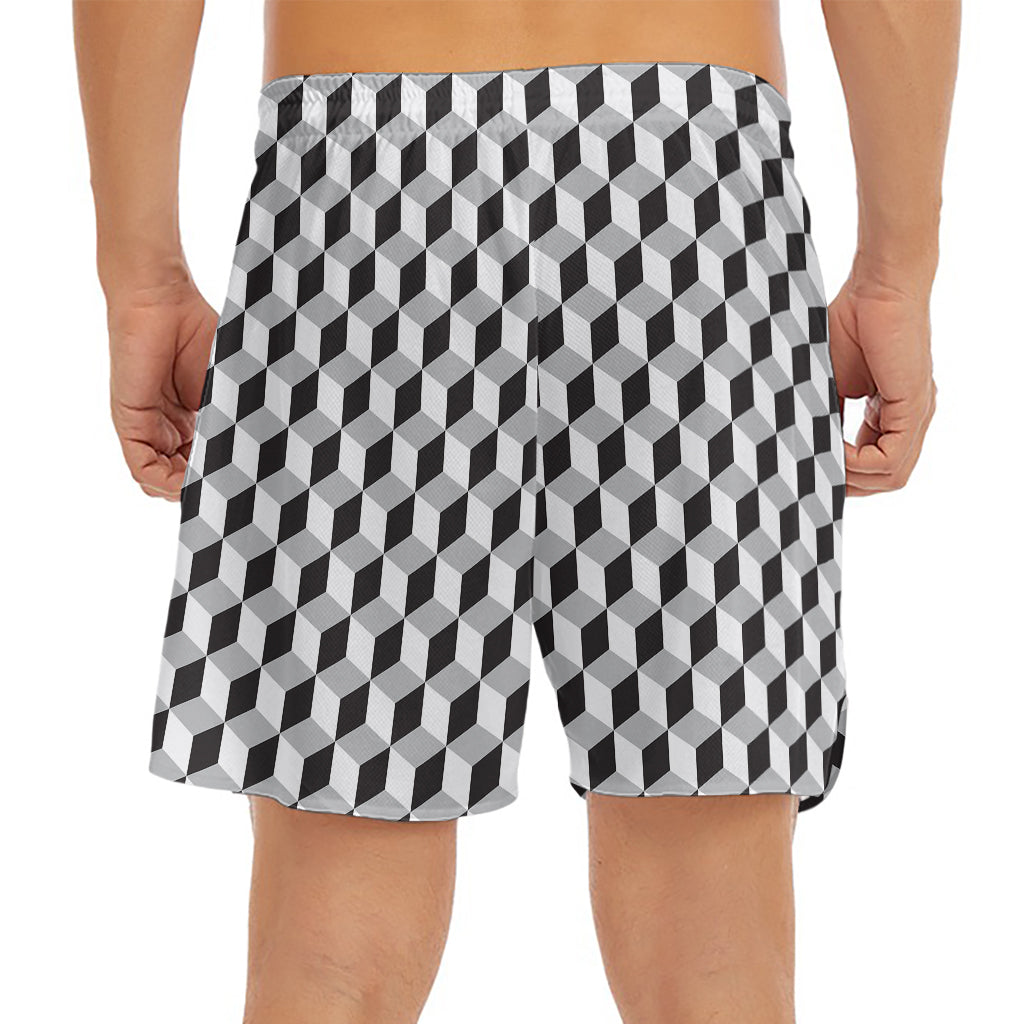 Grey Geometric Cube Shape Pattern Print Men's Split Running Shorts