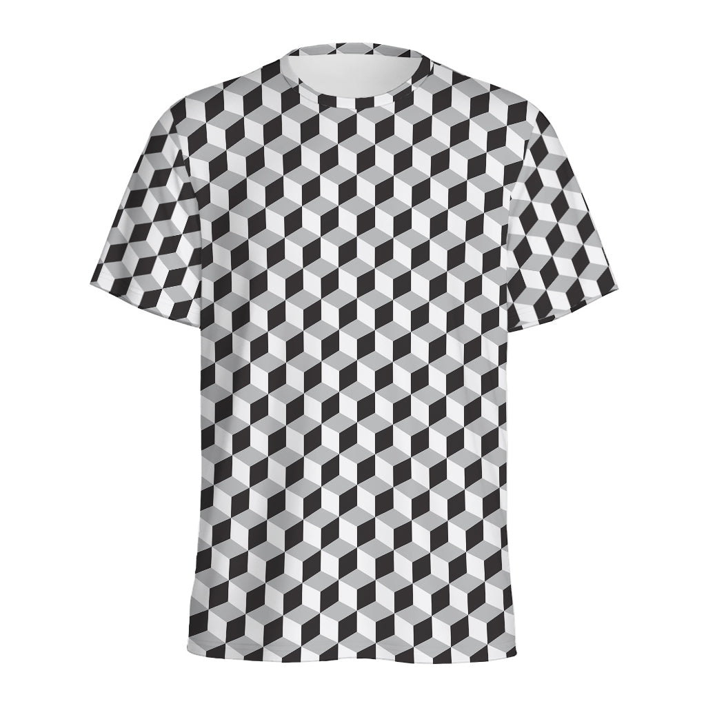 Grey Geometric Cube Shape Pattern Print Men's Sports T-Shirt