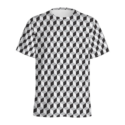 Grey Geometric Cube Shape Pattern Print Men's Sports T-Shirt