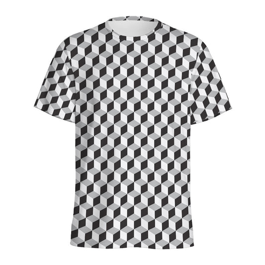 Grey Geometric Cube Shape Pattern Print Men's Sports T-Shirt
