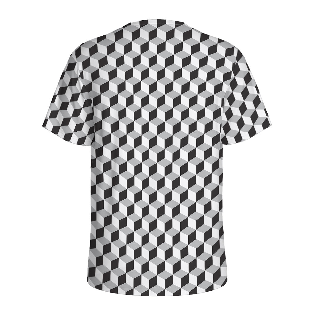 Grey Geometric Cube Shape Pattern Print Men's Sports T-Shirt