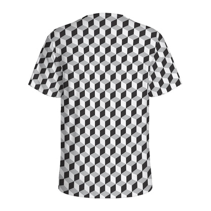 Grey Geometric Cube Shape Pattern Print Men's Sports T-Shirt