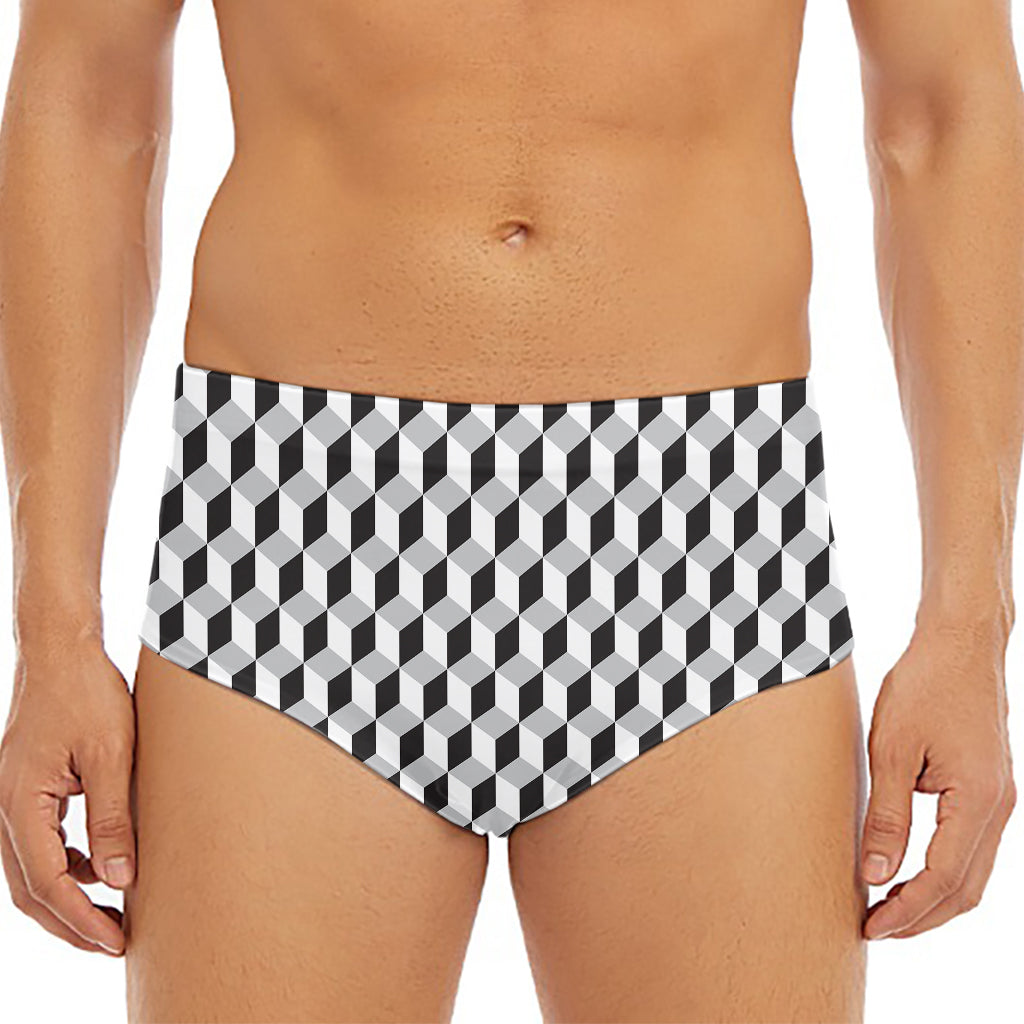 Grey Geometric Cube Shape Pattern Print Men's Triangle Swim Briefs
