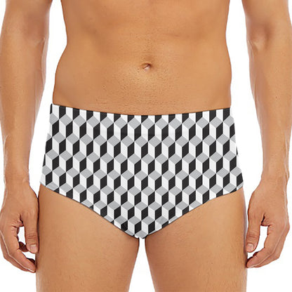 Grey Geometric Cube Shape Pattern Print Men's Triangle Swim Briefs