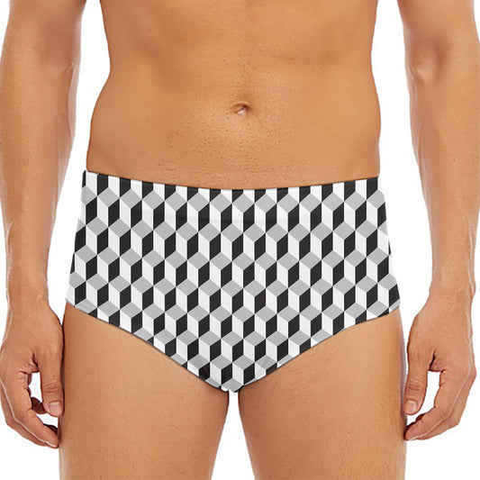 Grey Geometric Cube Shape Pattern Print Men's Triangle Swim Briefs
