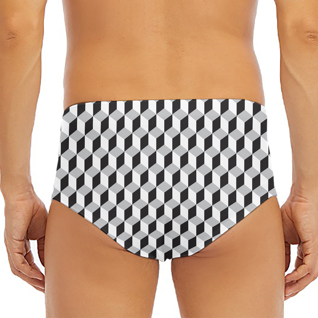 Grey Geometric Cube Shape Pattern Print Men's Triangle Swim Briefs