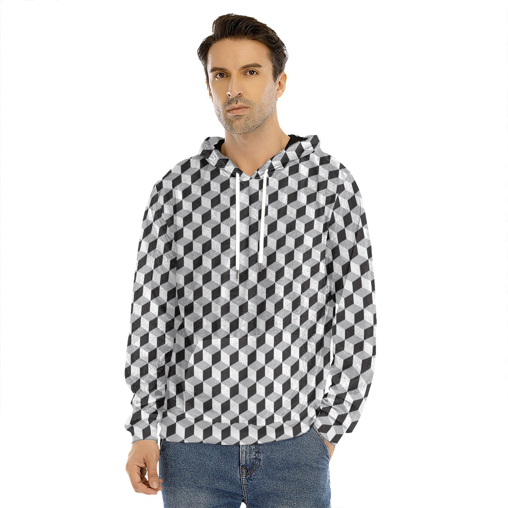 Grey Geometric Cube Shape Pattern Print Men's Velvet Pullover Hoodie