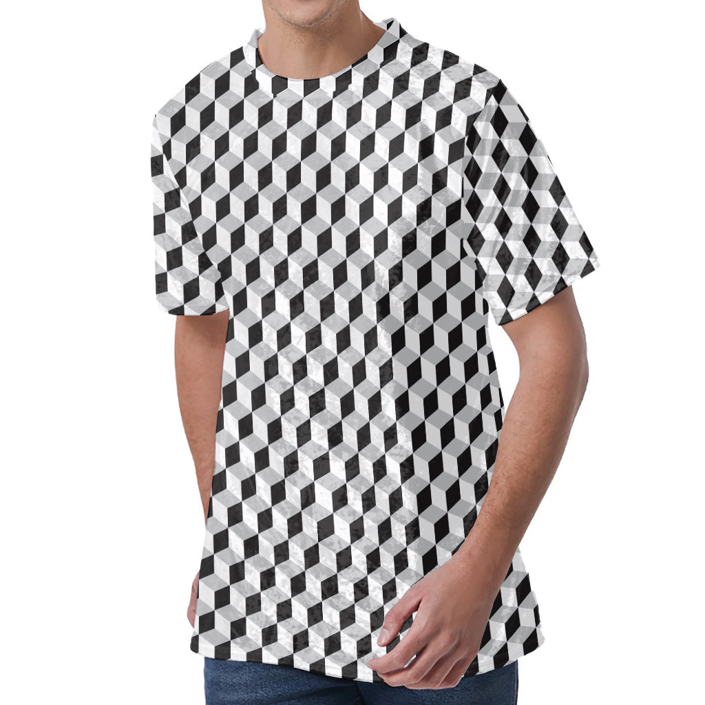 Grey Geometric Cube Shape Pattern Print Men's Velvet T-Shirt