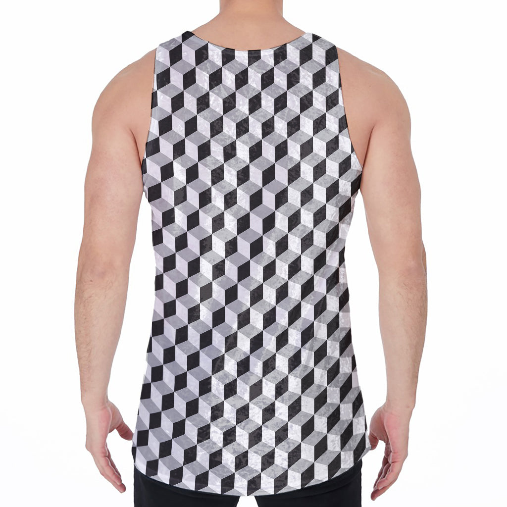Grey Geometric Cube Shape Pattern Print Men's Velvet Tank Top