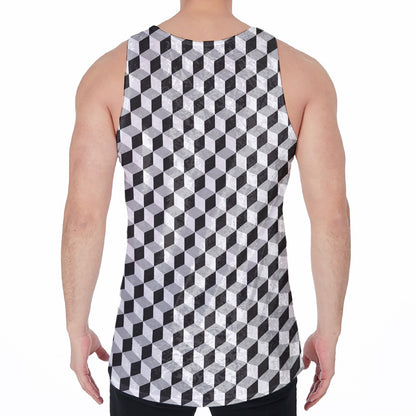 Grey Geometric Cube Shape Pattern Print Men's Velvet Tank Top