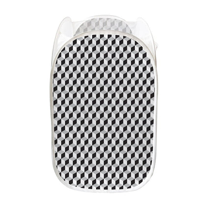 Grey Geometric Cube Shape Pattern Print Mesh Laundry Hamper