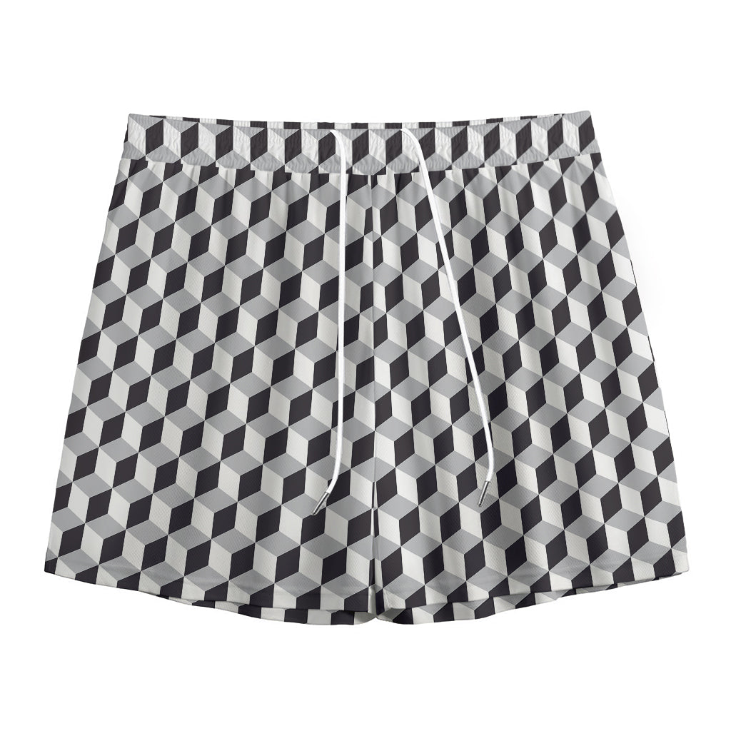 Grey Geometric Cube Shape Pattern Print Mesh Shorts