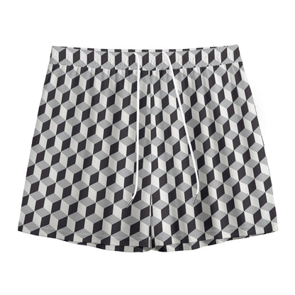 Grey Geometric Cube Shape Pattern Print Mesh Shorts