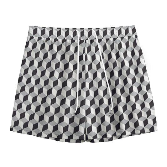 Grey Geometric Cube Shape Pattern Print Mesh Shorts