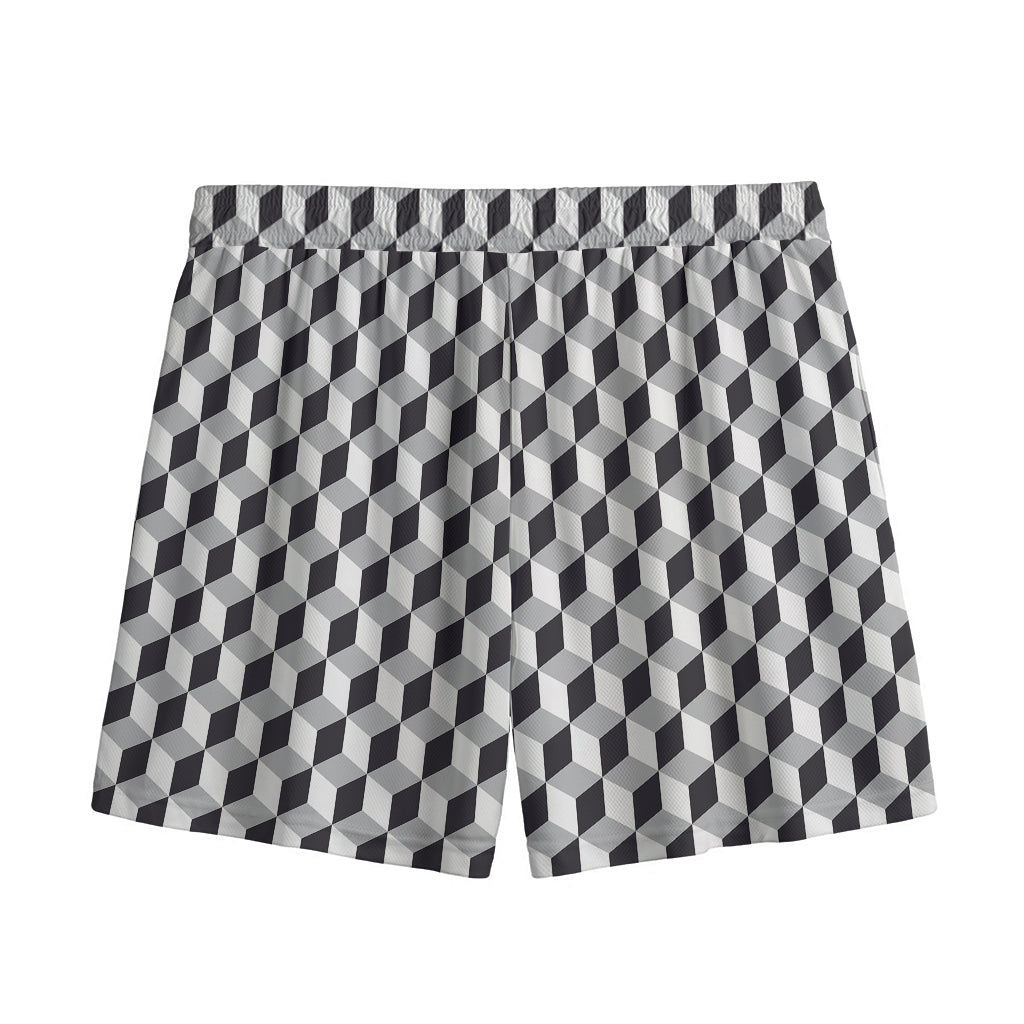Grey Geometric Cube Shape Pattern Print Mesh Shorts
