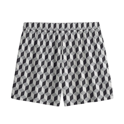 Grey Geometric Cube Shape Pattern Print Mesh Shorts