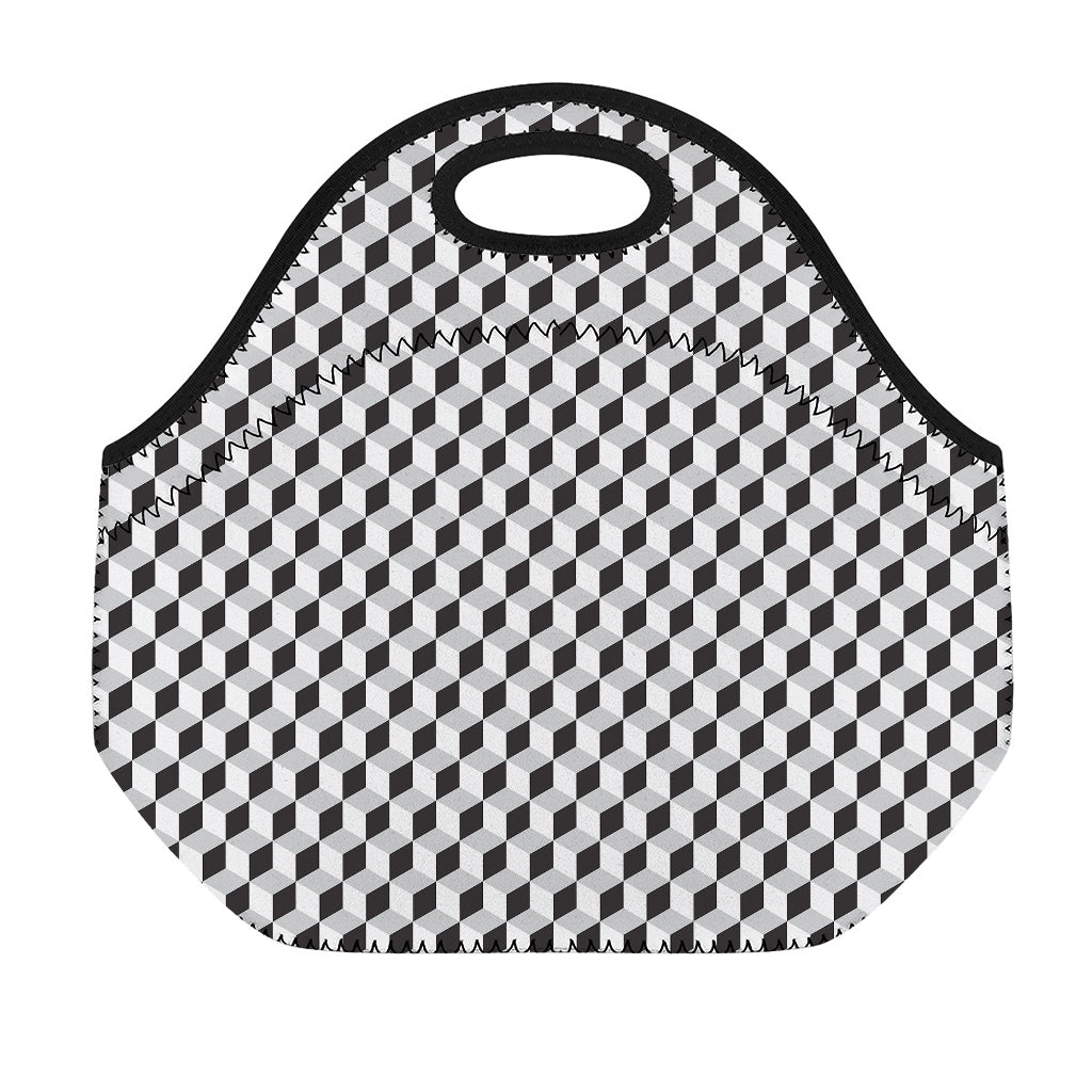 Grey Geometric Cube Shape Pattern Print Neoprene Lunch Bag