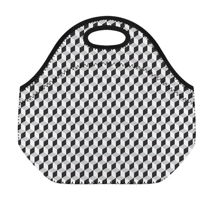 Grey Geometric Cube Shape Pattern Print Neoprene Lunch Bag