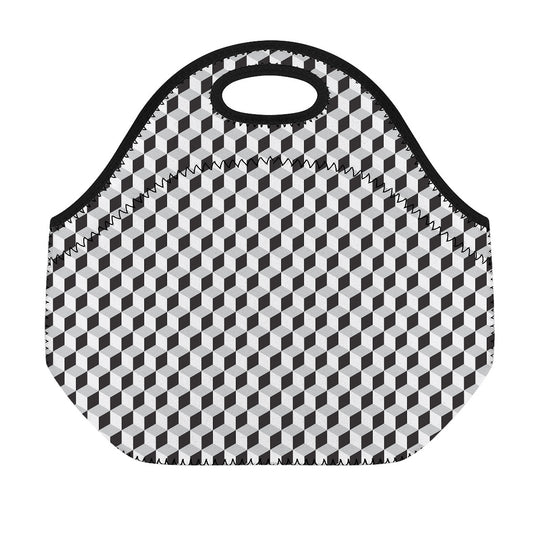 Grey Geometric Cube Shape Pattern Print Neoprene Lunch Bag