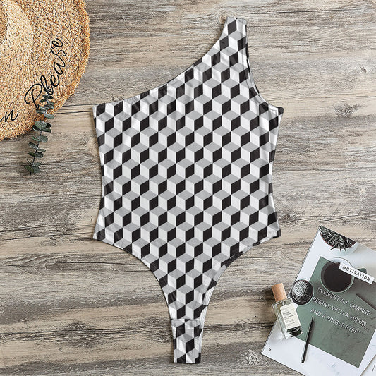 Grey Geometric Cube Shape Pattern Print One Shoulder Bodysuit