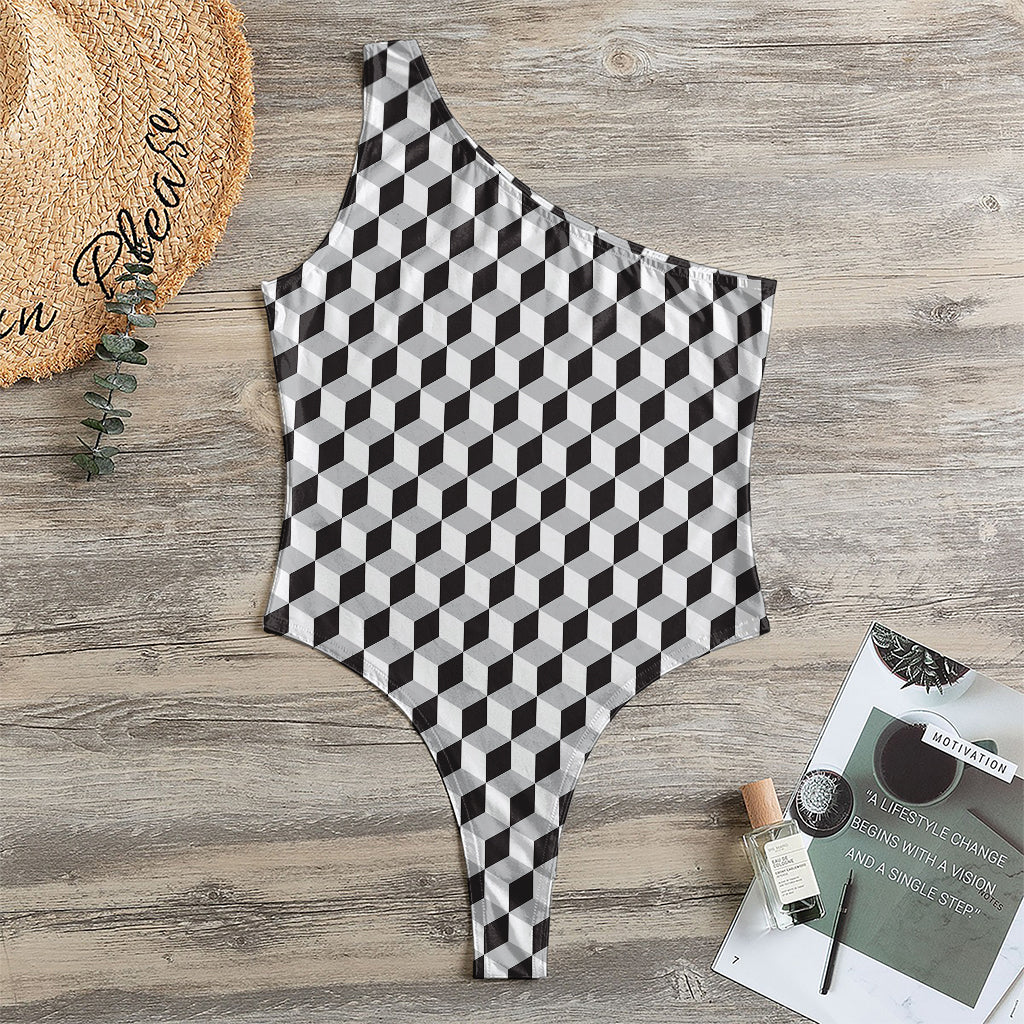 Grey Geometric Cube Shape Pattern Print One Shoulder Bodysuit