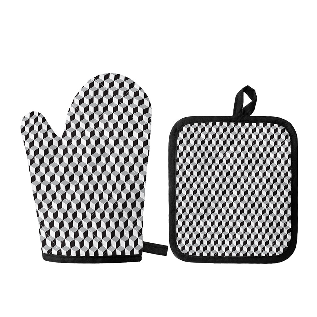Grey Geometric Cube Shape Pattern Print Oven Mitt And Pot Holder Set