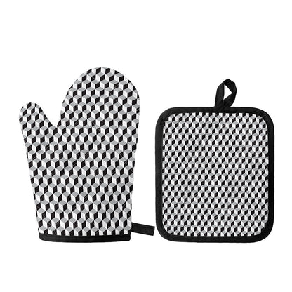 Grey Geometric Cube Shape Pattern Print Oven Mitt And Pot Holder Set