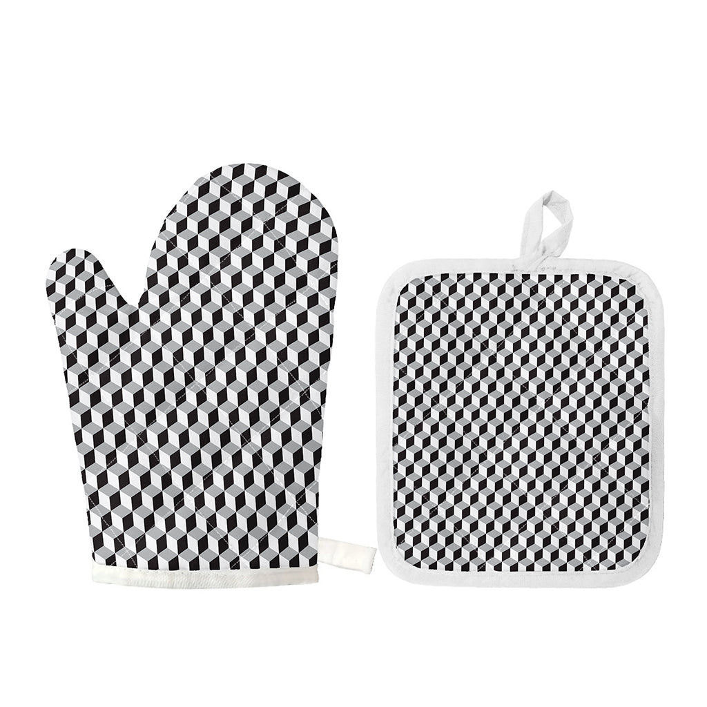 Grey Geometric Cube Shape Pattern Print Oven Mitt And Pot Holder Set