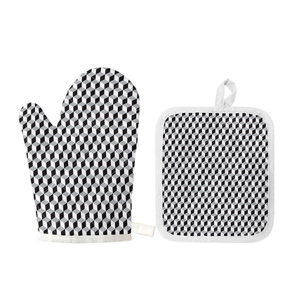 Grey Geometric Cube Shape Pattern Print Oven Mitt And Pot Holder Set