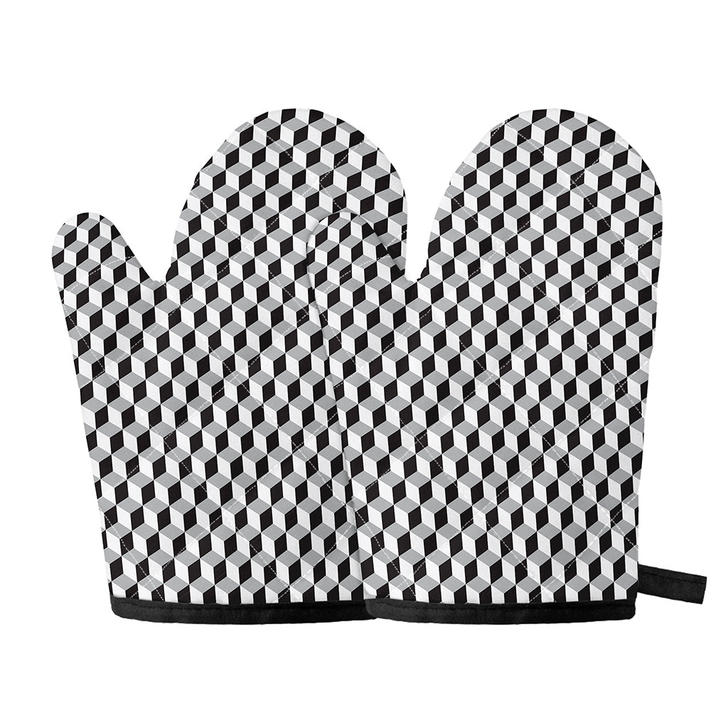 Grey Geometric Cube Shape Pattern Print Oven Mitts