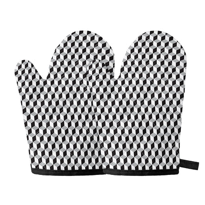Grey Geometric Cube Shape Pattern Print Oven Mitts