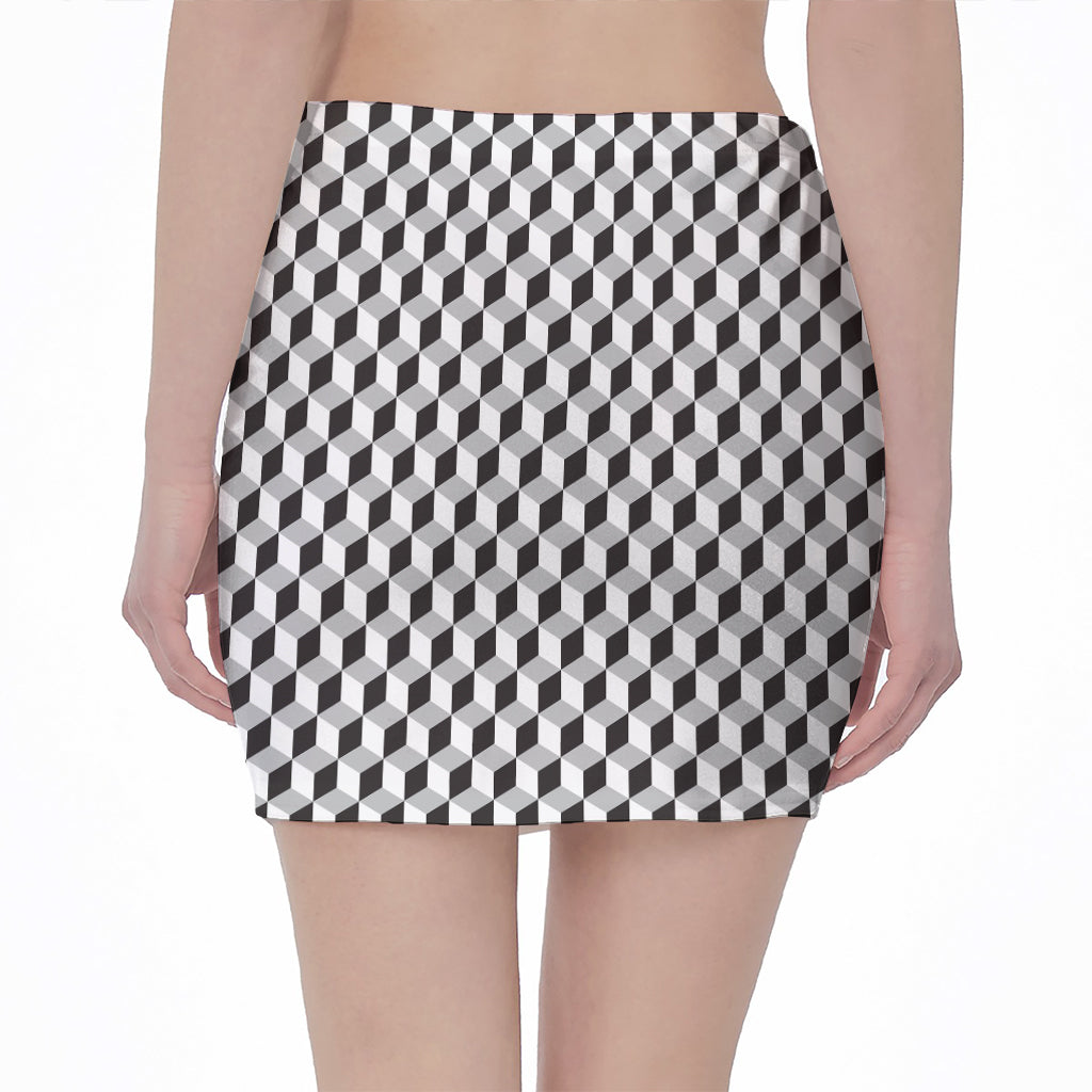 Grey Geometric Cube Shape Pattern Print Pencil Mini Skirt