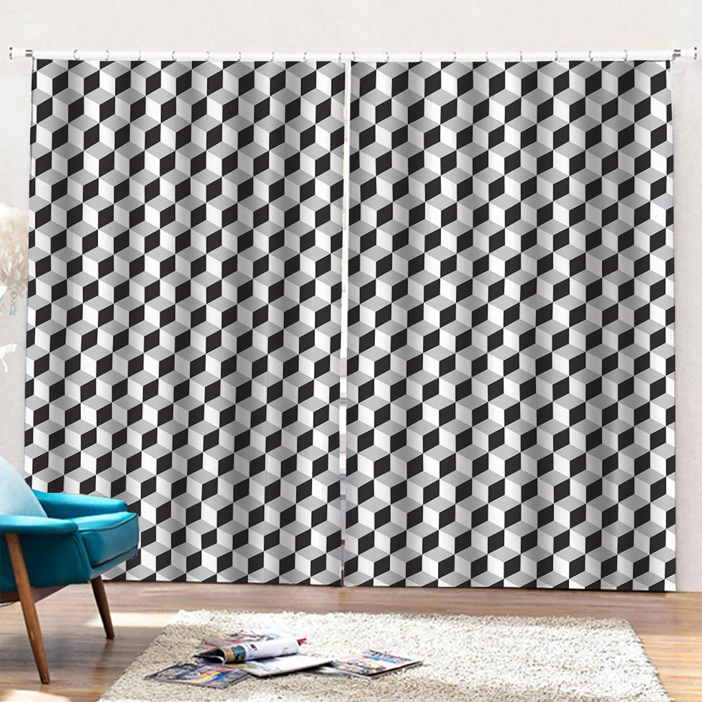 Grey Geometric Cube Shape Pattern Print Pencil Pleat Curtains