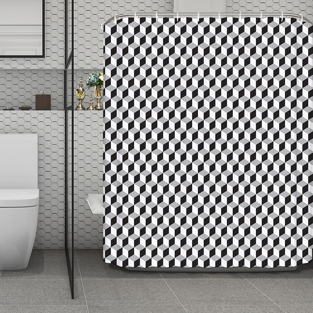 Grey Geometric Cube Shape Pattern Print Polyester Shower Curtain