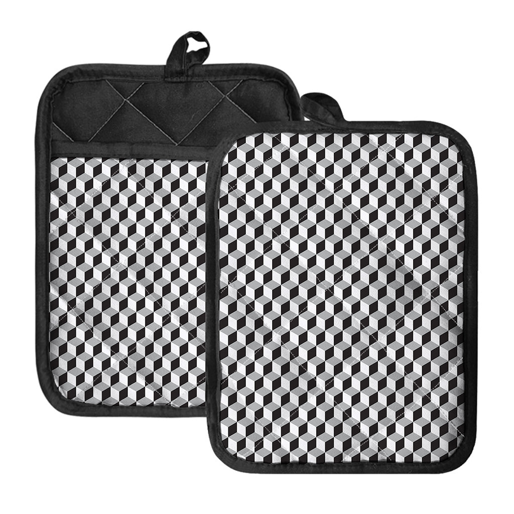 Grey Geometric Cube Shape Pattern Print Pot Holders With Pocket