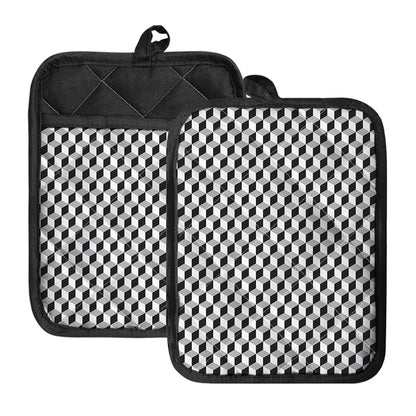 Grey Geometric Cube Shape Pattern Print Pot Holders With Pocket